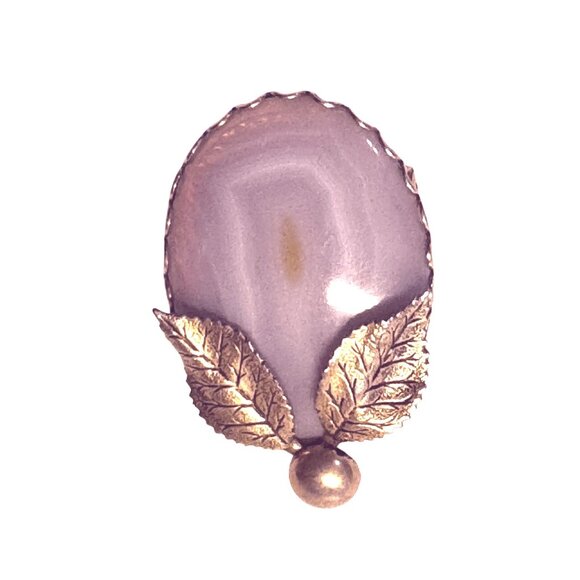Vintage Purple Orca Agate Brooch Gold-Tone Leaf Natural Stone 2" - Picture 2 of 6